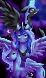 Size: 1800x3000 | Tagged: safe, artist:cloudy-risicpaint, derpibooru import, nightmare moon, princess luna, alicorn, pony, black background, blue eyes, blue mane, blue tail, colored pupils, crying, ethereal mane, feather, female, filly, flowing tail, foal, glowing, glowing horn, grin, horn, lidded eyes, looking at you, looking down, mare, sad, signature, simple background, smiling, solo, spread wings, starry mane, tail, teary eyes, teeth, wingding eyes, wings, woona, younger
