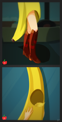 Size: 760x1500 | Tagged: safe, artist:mirtalimeburst, derpibooru import, applejack, equestria girls, banana, boots, clothes, comic, costume, food, high heel boots, shoes