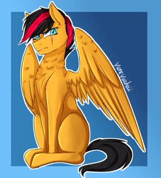 Size: 2414x2653 | Tagged: safe, artist:yumeyuuheii, derpibooru import, oc, oc only, pegasus, pony, abstract background, eye scar, male, pegasus oc, scar, signature, solo, stallion, wings