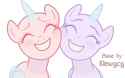 Size: 1024x641 | Tagged: safe, artist:klewgcg, derpibooru import, oc, oc only, alicorn, pony, alicorn oc, bald, base, bust, cheek squish, duo, eyelashes, eyes closed, female, grin, horn, mare, smiling, squishy cheeks, wings