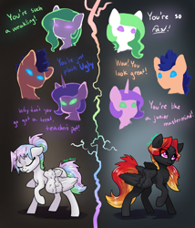 Size: 1200x1401 | Tagged: safe, artist:joan-grace, derpibooru import, oc, oc only, pegasus, pony, unicorn, glowing, glowing eyes, horn, offspring, parent:rainbow dash, parent:soarin', parents:soarindash, pegasus oc, raised hoof, raised leg, split screen, unicorn oc, wings