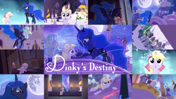 Size: 1280x721 | Tagged: safe, artist:minty root, derpibooru import, editor:quoterific, dinky hooves, nightmare moon, princess luna, alicorn, pony, unicorn, :o, crown, cute, dinkabetes, dinky's destiny, female, filly, foal, jewelry, mare, moon, night, open mouth, regalia