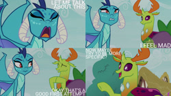 Size: 1280x720 | Tagged: safe, derpibooru import, edit, edited screencap, editor:quoterific, screencap, princess ember, thorax, changedling, changeling, dragon, season 7, triple threat, dragoness, duo, eyes closed, female, frown, grin, hooves together, king thorax, male, open mouth, open smile, smiling, talking, teeth
