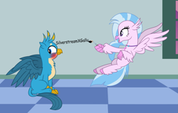 Size: 1483x946 | Tagged: artist needed, source needed, safe, derpibooru import, gallus, silverstream, griffon, hippogriff, blushing, cute, female, flying, gallstream, ground, happy, male, painting, shipping, straight, text, window, writing