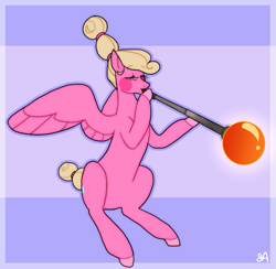 Size: 991x967 | Tagged: safe, artist:greenarsonist, derpibooru import, oc, oc only, oc:chuckle, pegasus, pony, blue background, female, glass blowing, pegasus oc, simple background, trans female, transgender