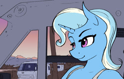 Size: 1280x820 | Tagged: safe, artist:apocheck13, derpibooru import, trixie, anthro, unicorn, car, clothes, eyelashes, female, horn, looking forward, mountain, shirt, smiling, solo, sunset, van