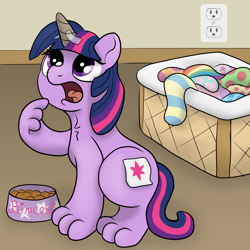 Size: 1962x1962 | Tagged: safe, artist:pony-thunder, derpibooru import, twilight sparkle, cat, basket, catified, clothes, fake cutie mark, fake horn, food bowl, open mouth, socks, solo, species swap, striped socks, twilight cat