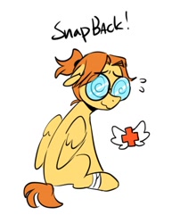 Size: 410x530 | Tagged: safe, artist:redxbacon, derpibooru import, oc, oc only, oc:snap back, pegasus, pony, bandage, eyebrows, eyebrows visible through hair, female, glasses, looking back, mare, pegasus oc, ponytail, rear view, simple background, sitting, solo, swirly eyes, white background