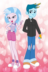Size: 2602x3890 | Tagged: artist needed, safe, artist:lhenao, derpibooru import, gallus, silverstream, equestria girls, duo, equestria girls-ified, female, gallstream, grin, hand in pocket, hand on hip, heart, heart background, high res, male, open mouth, open smile, shipping, show accurate, smiling, straight, vector