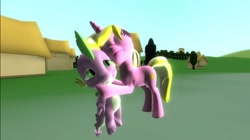 Size: 1024x575 | Tagged: safe, artist:undeadponysoldier, spike, sunshine smiles, dragon, pony, unicorn, 3d, crack shipping, cute, daaaaaaaaaaaw, female, gmod, grin, happy, hug, lifted up, male, mare, ponyville, shipping, smiling, spikabetes, spikelove, spikesmiles, straight