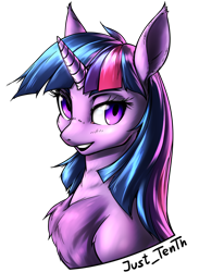 Size: 1100x1500 | Tagged: safe, artist:just_tenth, derpibooru import, twilight sparkle, pony, unicorn, bust, chest fluff, female, looking at you, mare, portrait, simple background, solo, transparent background