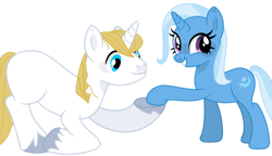 Size: 1280x739 | Tagged: safe, artist:santi0095, derpibooru import, prince blueblood, trixie, pony, unicorn, bluetrix, duo, female, grin, male, mare, shipping, show accurate, simple background, smiling, stallion, straight, transparent background