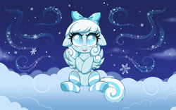 Size: 3452x2160 | Tagged: safe, artist:confetticakez, derpibooru import, oc, oc only, oc:snowdrop, pegasus, pony, blushing, bow, chest fluff, clothes, cloud, ears, eyebrows, eyebrows visible through hair, female, filly, floppy ears, foal, hair bow, high res, open mouth, open smile, pegasus oc, sitting, smiling, snow, snowflake, socks, solo, spread wings, striped socks, wind, wings