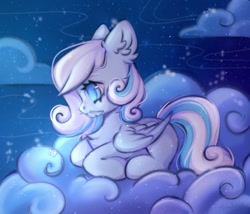 Size: 1480x1264 | Tagged: safe, artist:arisuyukita, derpibooru import, oc, oc only, oc:snowdrop, pegasus, pony, chest fluff, cloud, ear fluff, ears, feather, female, filly, foal, lying down, on a cloud, pegasus oc, side view, snow, snowfall, snowflake, solo