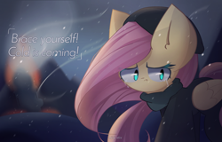 Size: 2500x1600 | Tagged: safe, artist:miryelis, derpibooru import, fluttershy, pegasus, pony, clothes, costume, crying, fire, frostpony, frostpunk, generator, hat, snow, solo, teary eyes, text, wind