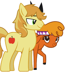 Size: 1280x1434 | Tagged: safe, artist:santi0095, derpibooru import, braeburn, little strongheart, buffalo, earth pony, pony, braeheart, female, green eyes, lidded eyes, male, shipping, simple background, smiling, stallion, standing, straight, tail, transparent background, two toned mane, two toned tail