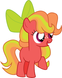 Size: 6066x7569 | Tagged: safe, artist:shootingstarsentry, derpibooru import, oc, oc only, oc:apple breeze, earth pony, pony, absurd resolution, bow, earth pony oc, female, filly, foal, freckles, full body, hair bow, multicolored mane, multicolored tail, offspring, open mouth, open smile, parent:big macintosh, parent:sugar belle, parents:sugarmac, raised hoof, raised leg, show accurate, simple background, smiling, solo, standing, tail, transparent background
