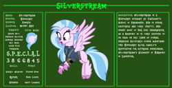 Size: 11720x6000 | Tagged: safe, artist:ponygamer2020, derpibooru import, silverstream, classical hippogriff, hippogriff, fallout equestria, bio, claws, clothes, cute, diastreamies, fallout, fallout equestria: character guide, female, flying, full body, happy, jewelry, jumpsuit, necklace, open mouth, pipboy, reference sheet, s.p.e.c.i.a.l., spread wings, vault suit, vector, wings
