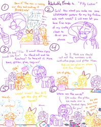 Size: 4779x6013 | Tagged: safe, artist:adorkabletwilightandfriends, derpibooru import, apple bloom, rarity, scootaloo, sweetie belle, comic:adorkable twilight and friends, arts and crafts, back, back of head, bored, bow, cloud, comic, concerned, cutie mark crusaders, destruction, disaster, female, filly, foal, funny, glitter, glue, happy, humor, lying down, magic, mess, numbers, overboard, paper, rain, sequins, silly, sitting, slice of life, smiling, sneeze cloud, sneezing, sniffing, squeezing, stuck, stuck together, window