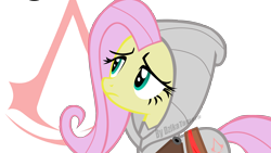 Size: 2732x1536 | Tagged: safe, artist:noctivage, derpibooru import, fluttershy, pegasus, pony, assassin, assassin's creed, fanart, parody, serious, serious face, simple background, transparent background