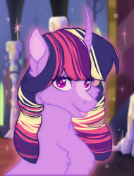 Size: 2603x3418 | Tagged: safe, artist:noctivage, derpibooru import, twilight sparkle, alicorn, pony, unicorn, :p, blaze (coat marking), bust, canterlot castle, castle, cheek fluff, chest fluff, coat markings, colored pupils, curved horn, eye clipping through hair, eyelashes, facial markings, fanart, female, fluffy, glowing, heart eyes, high res, horn, looking at you, mare, princess, purple eyes, smiling, smiling at you, solo, sparkly eyes, tongue, tongue out, wingding eyes