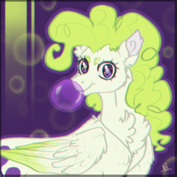 Size: 3977x3971 | Tagged: safe, artist:noctivage, derpibooru import, pinkie pie, surprise, pegasus, pony, absurd resolution, bubble, bubblegum, chewing gum, fanart, fluffy, food, glowing, glowing eyes, green mane, gum, purple eyes, simple background, white coat