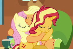 Size: 526x352 | Tagged: safe, artist:queenderpyturtle, derpibooru import, edit, edited screencap, screencap, applejack, fluttershy, sunset shimmer, pony, appleshyset, cuddling, female, lesbian, ot3, polyamory