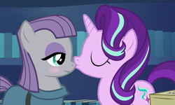 Size: 948x570 | Tagged: safe, artist:queenderpyturtle, derpibooru import, edit, edited screencap, screencap, maud pie, starlight glimmer, pony, female, kissing, lesbian, shipping, starmaud