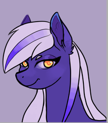 Size: 690x788 | Tagged: safe, artist:noctivage, derpibooru import, oc, oc only, oc:noctia dawn, pegasus, pony, bust, fluffy, looking at you, purple background, simple background, sketch, smiling, solo