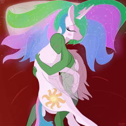 Size: 3000x3000 | Tagged: safe, artist:enonnnymous, derpibooru import, princess celestia, oc, oc:anon, alicorn, human, pony, /sun/, bed, blushing, chest fluff, clothes, cuddling, cute, cutelestia, dock, eyes closed, hug, human on pony snuggling, love, lying down, pillow, sigh, sleeping, smiling, snuggling, tail, tired, transparent wings, underwear, wing blanket, winghug, wings