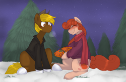 Size: 2767x1804 | Tagged: safe, artist:2k.bugbytes, oc, oc only, oc:acres, oc:pumpkin patch, earth pony, pony, blushing, christmas, clothes, cowboy hat, cute, duo, female, grass, hat, holiday, jacket, male, mare, ocbetes, present, scarf, sitting, snow, stallion, stetson, sweater, tree