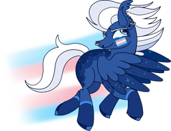 Size: 1783x1371 | Tagged: safe, artist:musical-medic, night glider, pegasus, pony, coat markings, colored wings, colored wingtips, female, flag, flying, mare, piercing, piercings, pride, pride flag, simple background, socks (coat marking), solo, sparkles, trans pride, transgender, transparent background