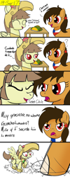 Size: 1000x2500 | Tagged: safe, artist:toyminator900, color edit, derpibooru import, oc, oc only, oc:chilenia, oc:tailcoatl, earth pony, pegasus, pony, angry, chile, colored, comic, dialogue, earthquake, eyes closed, female, food, lidded eyes, looking at each other, mad, mare, mexico, nation ponies, open mouth, ponified, question, question mark, shrunken pupils, spanish, spread wings, vulgar