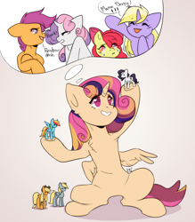 Size: 1500x1715 | Tagged: safe, artist:pledus, derpibooru import, apple bloom, applejack, derpy hooves, dinky hooves, rainbow dash, rarity, scootaloo, sweetie belle, oc, oc:princess young heart, alicorn, earth pony, pegasus, pony, unicorn, alicorn oc, alicorn princess, commissioner:bigonionbean, cute, cutie mark, dialogue, female, figurine, filly, foal, fusion, fusion:princess young heart, horn, mare, playing, playing with toys, royalty, thought bubble, toy, wings, writer:bigonionbean