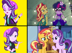 Size: 1748x1284 | Tagged: safe, derpibooru import, edit, screencap, sci-twi, starlight glimmer, sunset shimmer, twilight sparkle, pony, unicorn, equestria girls, legend of everfree, mirror magic, spoiler:eqg specials, discovery family logo, female, hotline bling, mare, meme, smugset shimmer