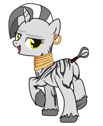 Size: 835x1020 | Tagged: safe, artist:klewgcg, artist:twinet, derpibooru import, oc, oc:maya (sfc), zebra, zebracorn, base used, clothes, ear piercing, earring, female, jewelry, mare, mohawk, neck rings, piercing, simple background, smug, solo, tail, tail wrap, unshorn fetlocks, white background