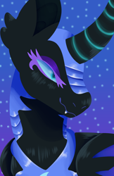 Size: 3300x5100 | Tagged: safe, artist:skrillydragonlady, derpibooru import, nightmare moon, alicorn, pony, blue background, blue eyes, blue mane, colored pupils, curved horn, ethereal mane, evil grin, eyelashes, female, flowing mane, folded wings, grin, helmet, horn, simple background, smiling, solo, starry mane, stars, wings