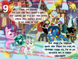 Size: 1280x960 | Tagged: safe, artist:bronybyexception, derpibooru import, cozy glow, grogar, king sombra, lord tirek, queen chrysalis, sugar belle, sweetie belle, pony, unicorn, advent calendar, bell, christmas, dancing, dialogue, female, flower, grogar's bell, holiday, jingle bells, mare, missing cutie mark, ponyville, rose, snow, tirekabuse