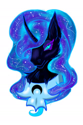 Size: 1280x1920 | Tagged: safe, artist:lunaestelar, derpibooru import, nightmare moon, alicorn, pony, blue eyes, blue mane, bust, chest fluff, colored pupils, curved horn, ear fluff, ears, ethereal mane, eyelashes, female, horn, lidded eyes, simple background, solo, starry mane, stars, white background