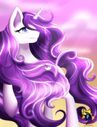 Size: 2142x2801 | Tagged: safe, artist:calamity-studios, derpibooru import, oc, oc only, pony, unicorn, blue eyes, digital art, eyelashes, female, flowing mane, horn, logo, mare, purple mane, purple tail, raised hoof, raised leg, sky, smiling, solo, sunlight, tail, teeth