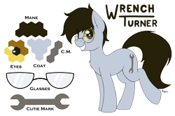 Size: 2600x1730 | Tagged: safe, artist:ponynamedmixtape, derpibooru import, oc, oc only, oc:wrench turner, earth pony, color palette, cutie mark, glasses, male, reference sheet, simple background, solo, transparent background