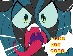 Size: 1601x1225 | Tagged: safe, artist:icey, derpibooru import, edit, queen chrysalis, changeling, chocolate, fangs, female, food, hot chocolate, long tongue, open mouth, tongue, tongue out