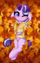 Size: 2580x4100 | Tagged: safe, alternate version, artist:confetticakez, derpibooru import, starlight glimmer, pony, unicorn, alternate character, autumn, autumn leaves, blushing, c:, clothes, commission, cute, ears, female, floppy ears, glimmerbetes, hoodie, leaf, leaves, looking at you, lying down, mare, on back, one eye closed, patreon, patreon reward, smiling, smiling at you, solo, wink, winking at you