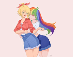 Size: 1680x1302 | Tagged: safe, artist:huixichloe, derpibooru import, applejack, rainbow dash, human, appledash, female, hug, hug from behind, humanized, lesbian, shipping