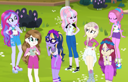 Size: 900x576 | Tagged: safe, artist:gihhbloonde, derpibooru import, oc, oc only, oc:condensed milk, oc:gihh bloonde, oc:music melody, oc:sci bella, equestria girls, base used, clothes, eyelashes, female, group, makeup, smiling, solo