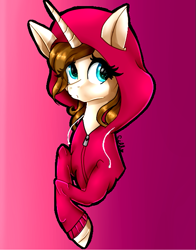 Size: 517x660 | Tagged: safe, artist:gihhbloonde, derpibooru import, oc, oc only, oc:gihh bloonde, pony, unicorn, bust, clothes, eyelashes, female, gradient background, hoodie, horn, mare, smiling, solo, unicorn oc