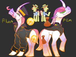 Size: 2048x1536 | Tagged: safe, artist:iizda, derpibooru import, flam, flim, pony, unicorn, black background, brothers, curved horn, female, flim flam brothers, hat, horn, identical twins, male, mare, raised hoof, raised leg, redesign, siblings, simple background, stallion, twin brothers, twins