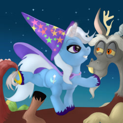 Size: 1280x1280 | Tagged: safe, artist:bicharrac0, derpibooru import, discord, trixie, draconequus, pony, unicorn, bipedal, butt, cape, clothes, digital art, duo, fangs, female, grin, hat, illustration, looking at each other, looking at someone, magic, male, mare, plot, shipping, smiling, smiling at each other, stars, straight, trixcord, trixie's cape, trixie's hat