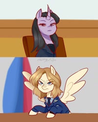 Size: 1384x1732 | Tagged: safe, artist:aylufujo, derpibooru import, pegasus, pony, unicorn, clothes, curved horn, eyelashes, female, horn, indoors, kim yo-jong, mare, natalia poklonskaya, necktie, north korea, ponified, russia, suit, wings