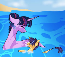 Size: 663x581 | Tagged: safe, artist:enifersuch, derpibooru import, twilight sparkle, twilight sparkle (alicorn), oc, alicorn, pony, beach, duo, female, looking back, mare, offspring, parent:flash sentry, parent:twilight sparkle, parents:flashlight, smiling